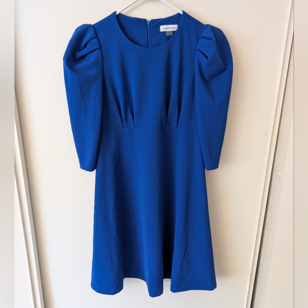 Calvin Klein Womens 6 Puff Sleeve Fit & Flare Dress Blue Contemporary Classic